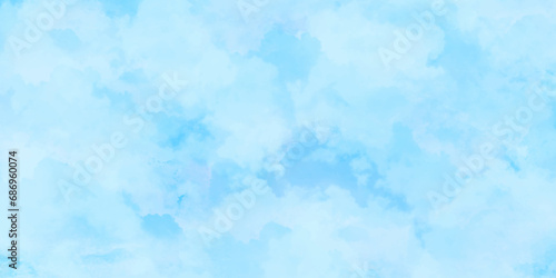 Abstract watercolor background . Grunge wallpaper of green sky with white clouds . Summer heaven bright cloudscape . 