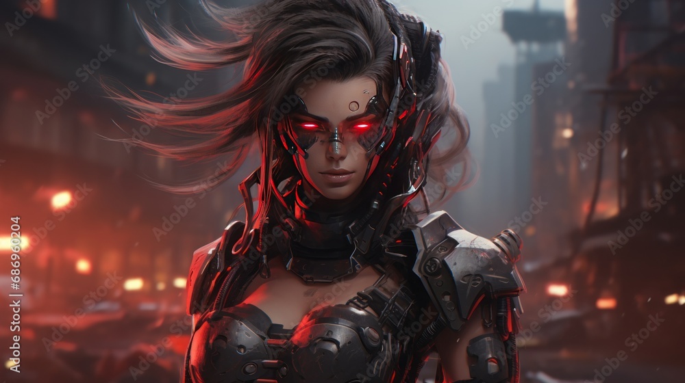Obraz premium Women Cyberpunk ninja Cyborg Character background wallpaper ai generated image