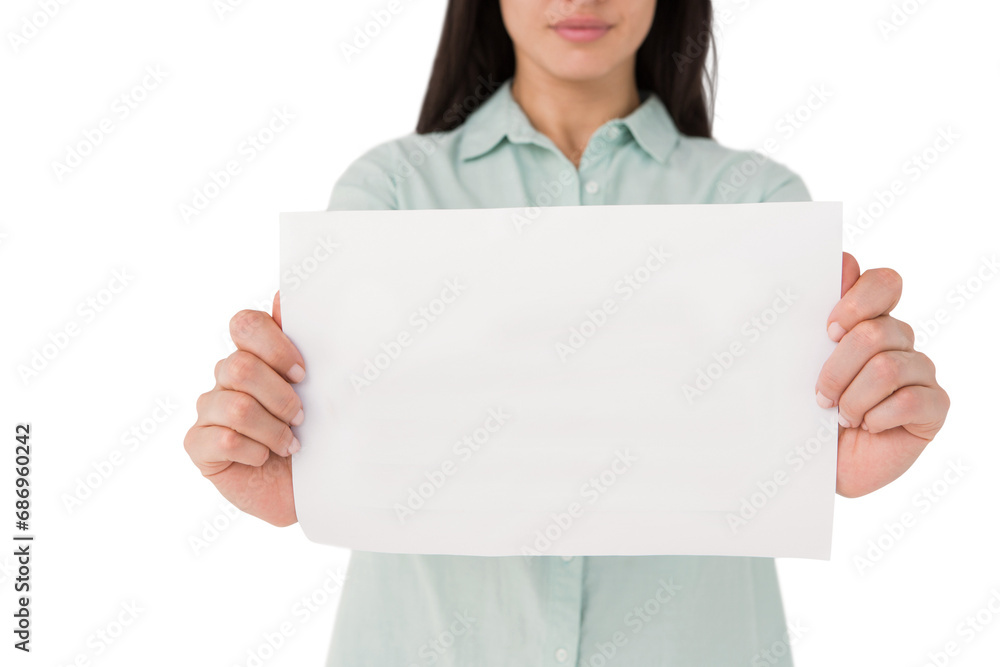 Digital png photo of focused caucasian woman showing sheet with copy space on transparent background Digital png photo of focused caucasian woman showing sheet with copy space on transparent background