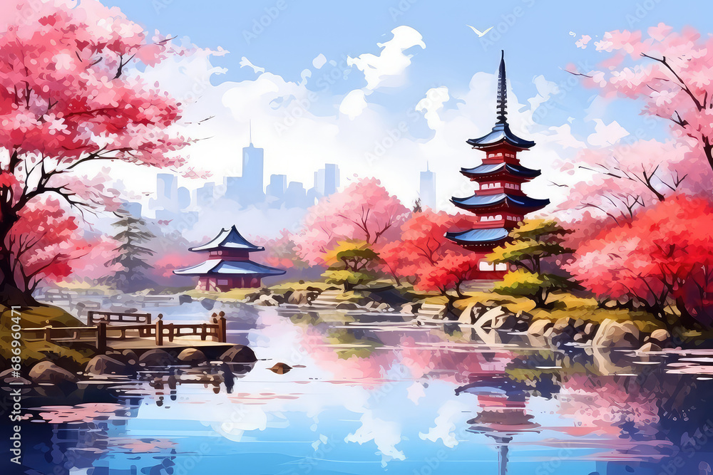 illustration painting of Castle with beautiful cherry blossom in spring season in Japan