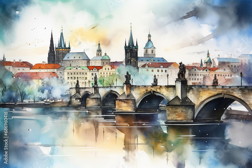 Prague in watercolor painting photo