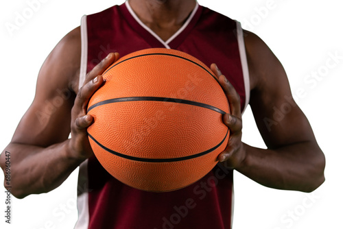 Digital png photo of mid section of basketball player holding ball on transparent background