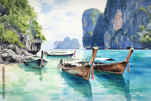 Phuket Thailand in watercolor painting