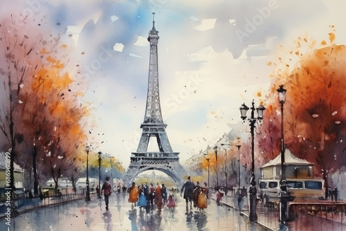 Fototapeta Naklejka Na Ścianę i Meble -  Paris, Eiffel Tower in the center, watercolor painting