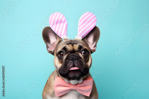 Happy cute dog wearing ears bunny rabbit. Happy Easter holiday background.