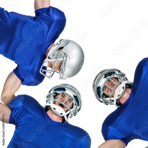 Digital png photo of three american rugby players with helmet, embracing on transparent background