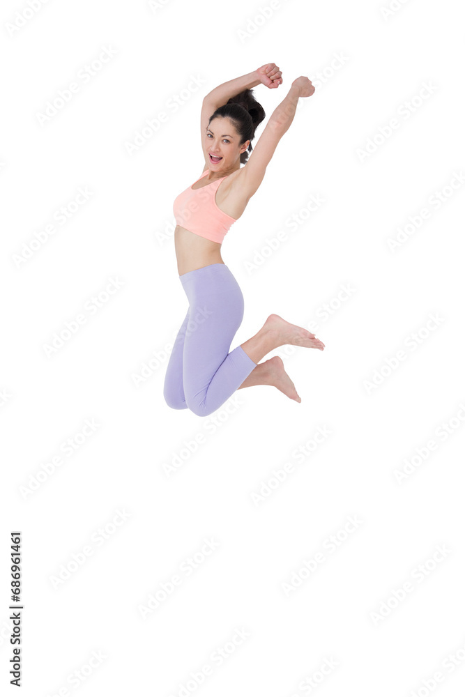 Digital png photo of happy caucasian woman jumping on transparent background