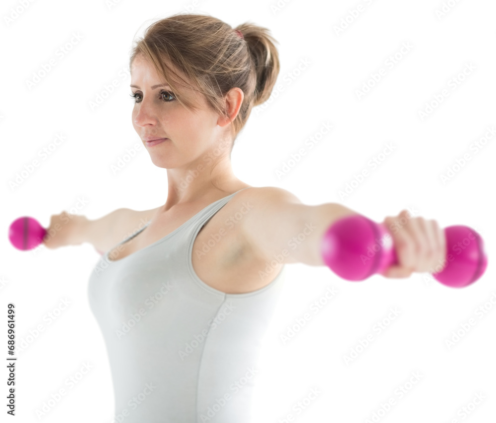 Digital png photo of caucasian woman lifting dumbbells on transparent background Digital png photo of caucasian woman lifting dumbbells on transparent background