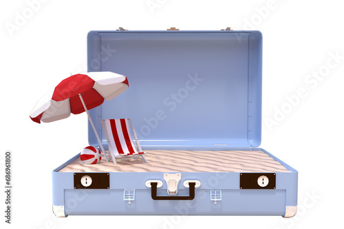 Digital png illustration of suitcase with deckchair umbrella and ball on transparent background