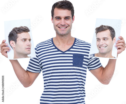 Digital png photo of caucasian man holding cards with portraits on transparent background