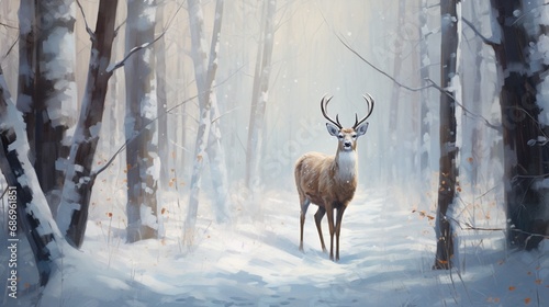 A graceful deer amidst a peaceful snow-covered forest, its elegance accentuated by the pristine winter landscape. © baloch