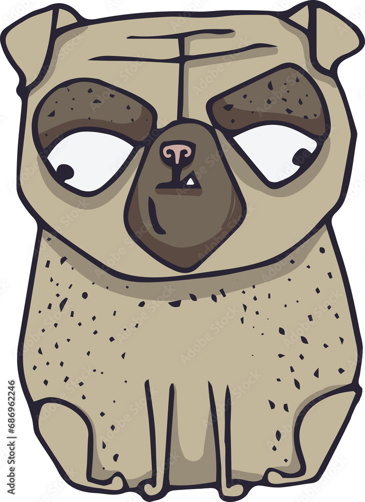 Digital png illustration of grey cartoon pug sitting on transparent background