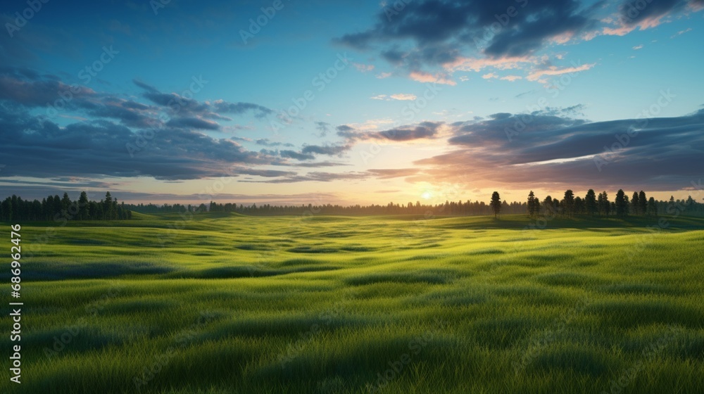 a green field at twilight, bathed in the soft, warm glow of the setting sun.