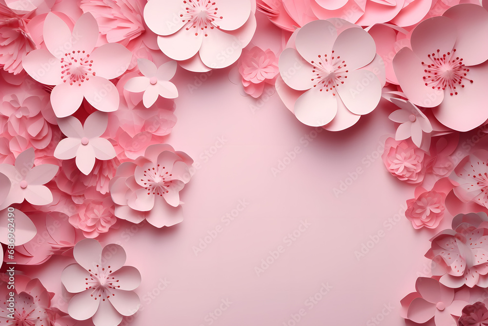 Spring flowers in paper cut style. Happy Women's Day frame background.