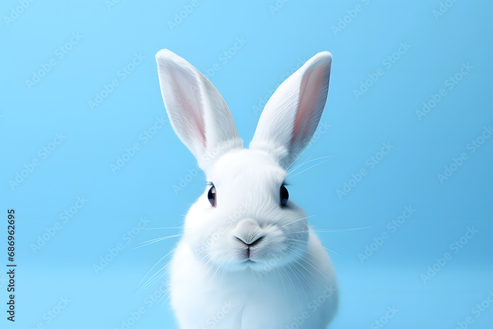 White rabbit on pastel blue background. Happy Easter Day.