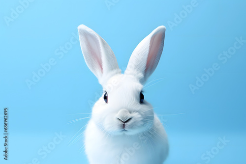 White rabbit on pastel blue background. Happy Easter Day. © Pacharee