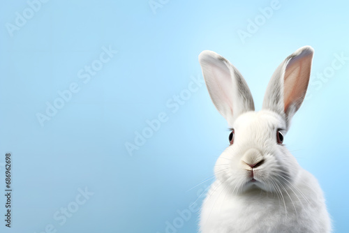 White rabbit on pastel blue background. Happy Easter Day.