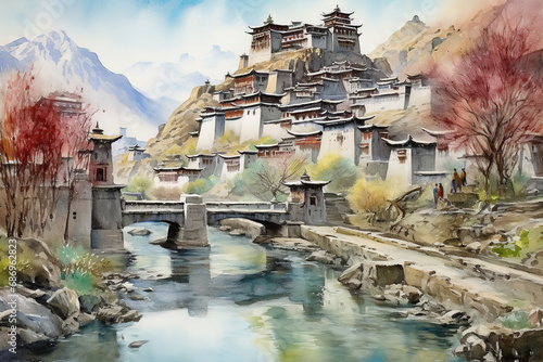 Jiangshi palace in Tibet in watercolor painting