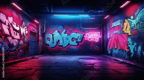 Cyberpunk city wall graffiti neon glow concept background wallpaper ai generated image