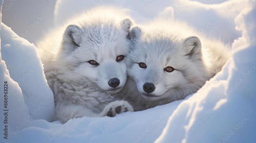 A pair of arctic foxes snuggled together in the snow, their warm companionship evident in the chilly landscape.