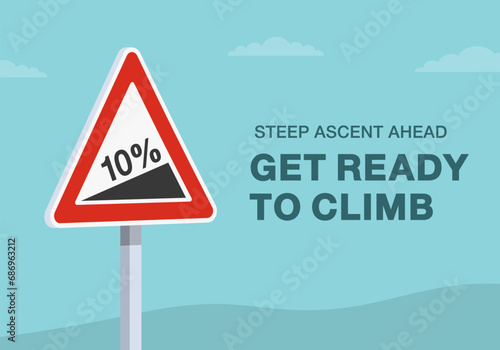 Safe driving tips and traffic regulation rules. Steep ascent ahead, get ready to climb. Close-up of a road sign. Flat vector illustration template.