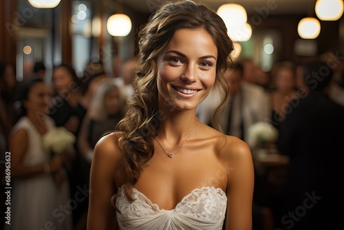 The bride in the wedding ceremony stands, smiling at the groom inside the church. 