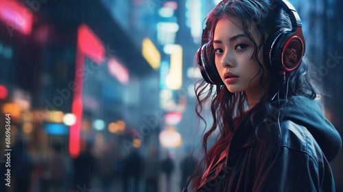 Futuristic amazing Asian girl wearing headphones background wallpaper ai generated image