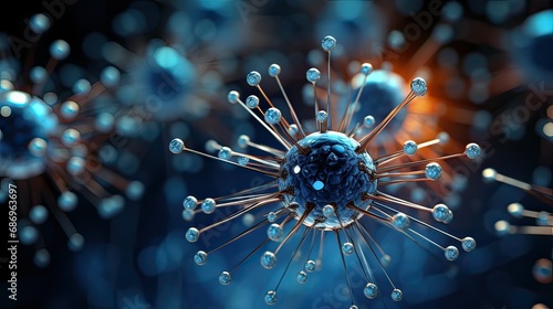3D render of super close up influenza virus on dark blue background.  