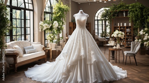 Describe a bright and serene white Wedding dress rental shops designed in a minimalist style. 