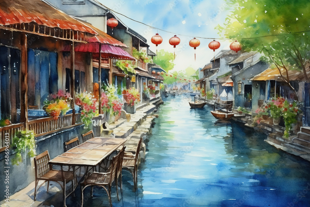 Hoi An Vietnam in watercolor painting - obrazy, fototapety, plakaty 