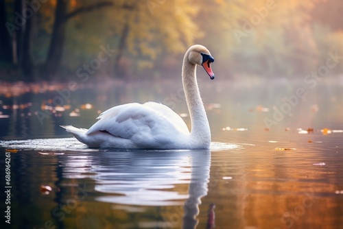 Photo of a graceful swan swimming in a tranquil lake. Generative AI