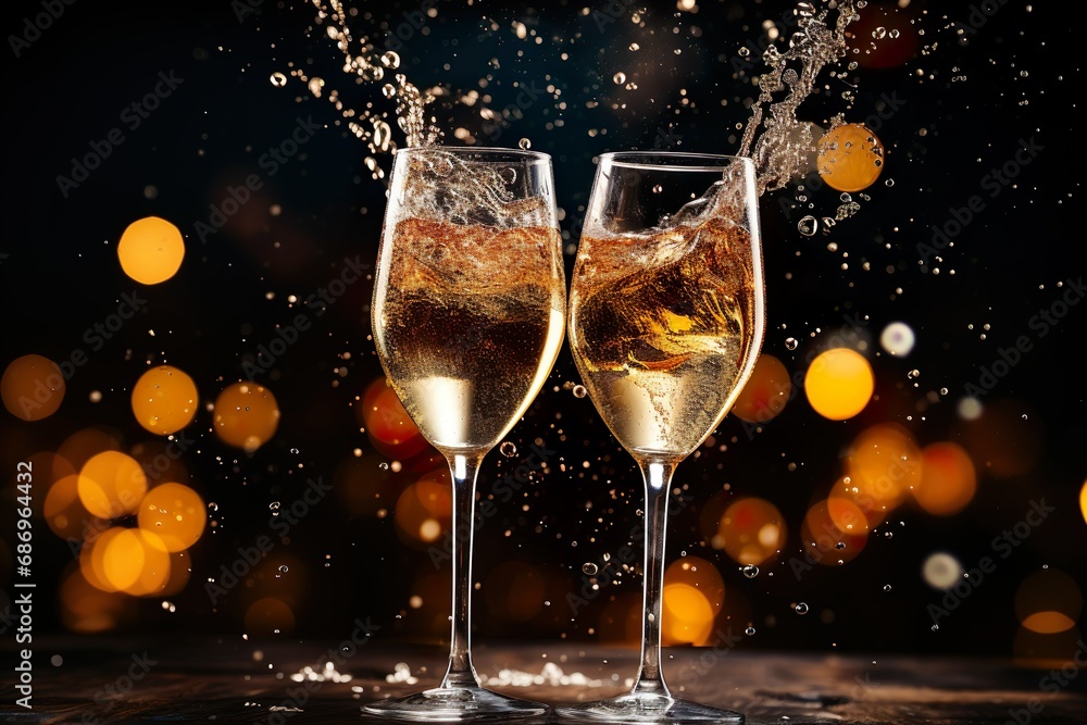front view of champagne glasses with bokeh lights front view of champagne glasses with bokeh lights