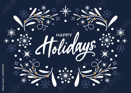 Happy Holidays printable banner, card with 
Happy Holidays in cursive, font, phrase, 
message, clipart, blue, vector for Merry Christmas, 
email signature, business, social media post