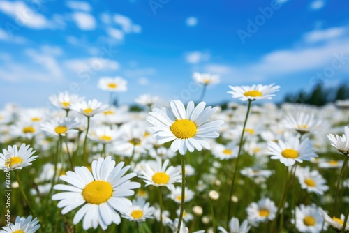 A field of white flowers under a blue sky, meadow of daisy stock.