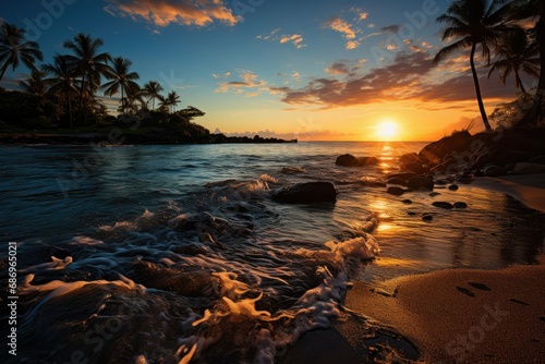 Sunset on the beach. Tropical paradise  sand  beach  palm trees and clear water.