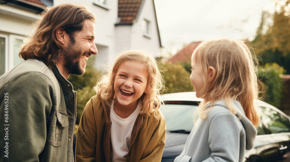 Happy family looking at new house and new car in front or their home front yard and garden background. Happy family looking at new house and new car in front or their home front yard and garden background.