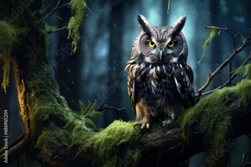 Photo of a stealthy owl perched in a moonlit forest. Generative AI