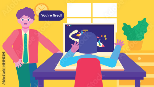 Angry boss firing an employee for poor performance in an office cubicle. Flat vector illustration. Jobless, laid off, failed employee.