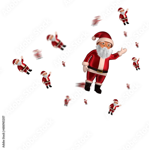 Digital png illustration of floating santa clauses on transparent background