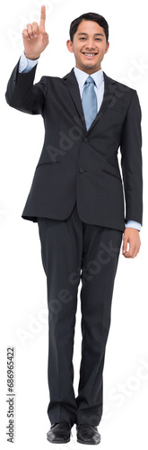 Digital png photo of happy biracial businessman pointing on transparent background