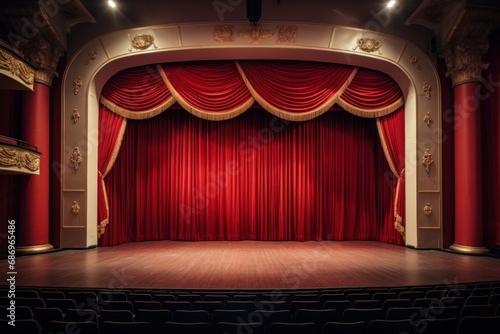 Photo of a well-lit, empty theater stage with a red curtain. Generative AI