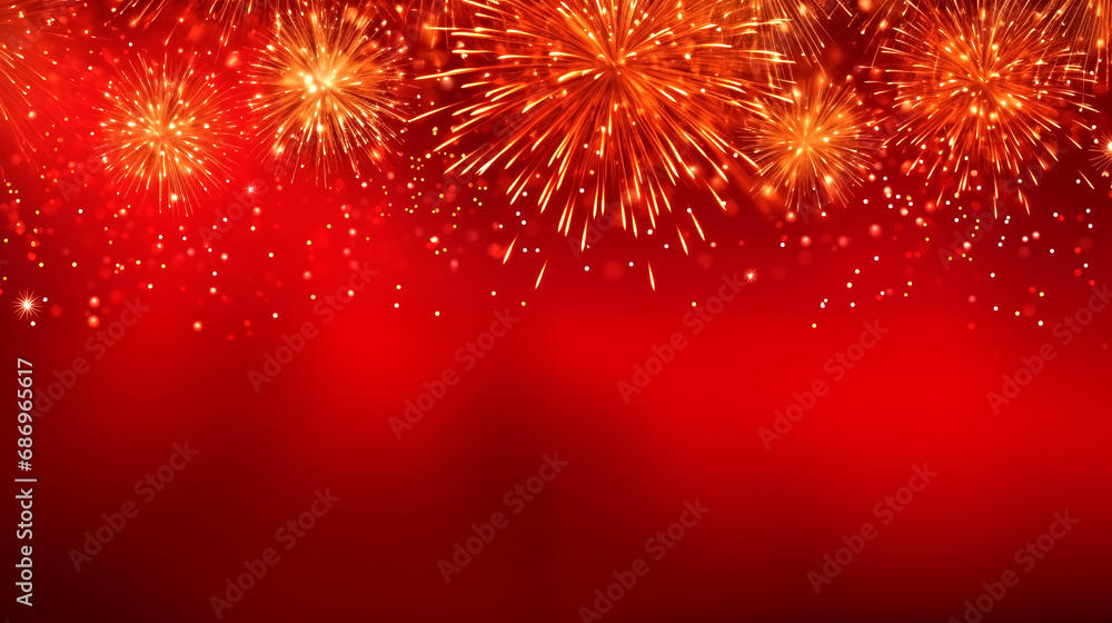 Golden Fireworks on red background, chinese new year concept, ba - obrazy, fototapety, plakaty 