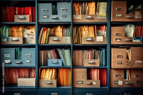 Photo of a well-organized file cabinet filled with documents. Generative AI