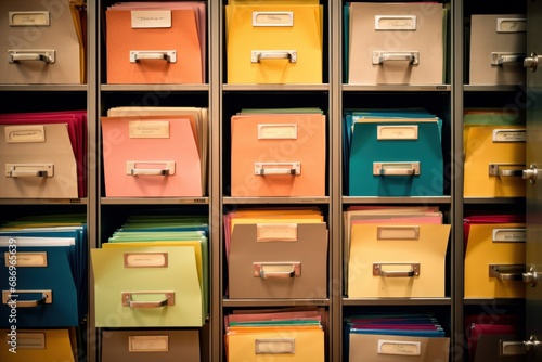 Photo of a well-organized file cabinet filled with documents. Generative AI