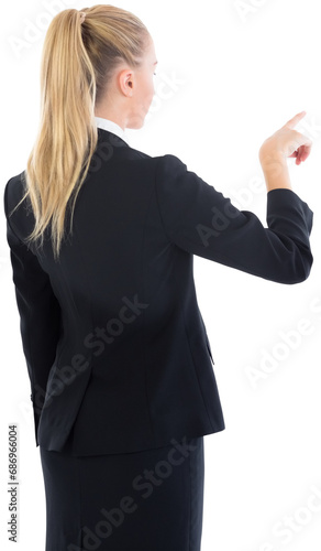 Digital png photo of caucasian businesswoman pointing on transparent background
