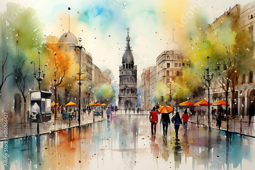 Barcelona Spian in watercolor painting photo