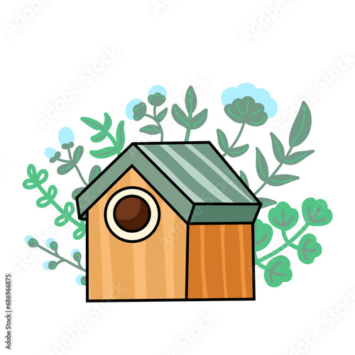 Hand drawn cute bird with house, vector illustration art.