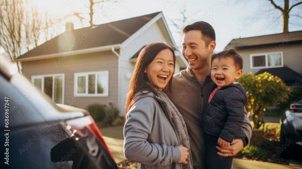 Happy Asian family looking at new house and new car in front or their home front yard and garden background.