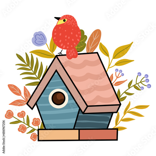 Hand drawn cute bird with house, vector illustration art.