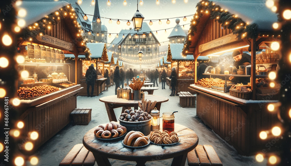 Cozy Christmas Market Scene with Snowy Ambiance